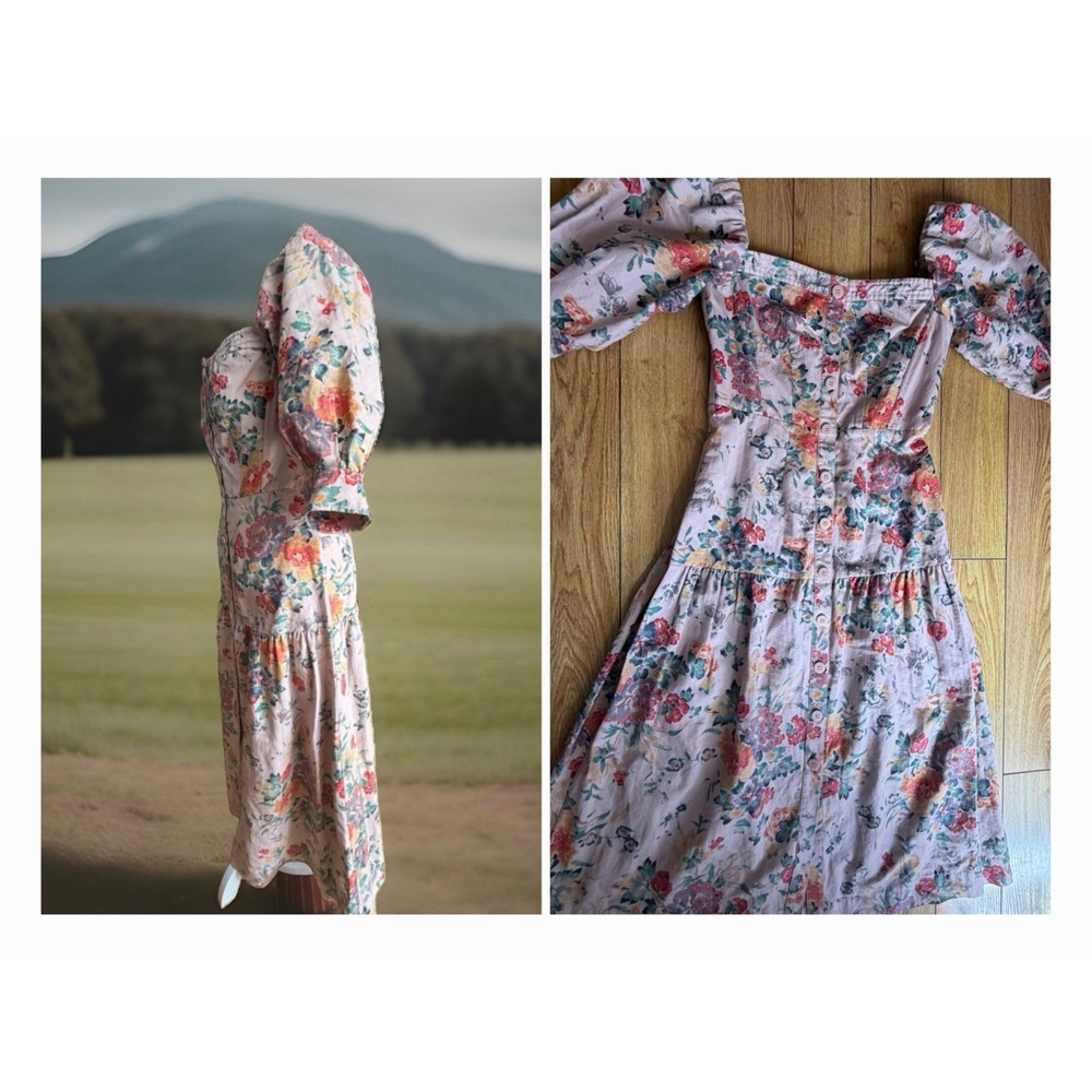 Rebecca Taylor Floral Cotton Linen Puff Sleeve Tiered Midi Dress Pink Womens S 4